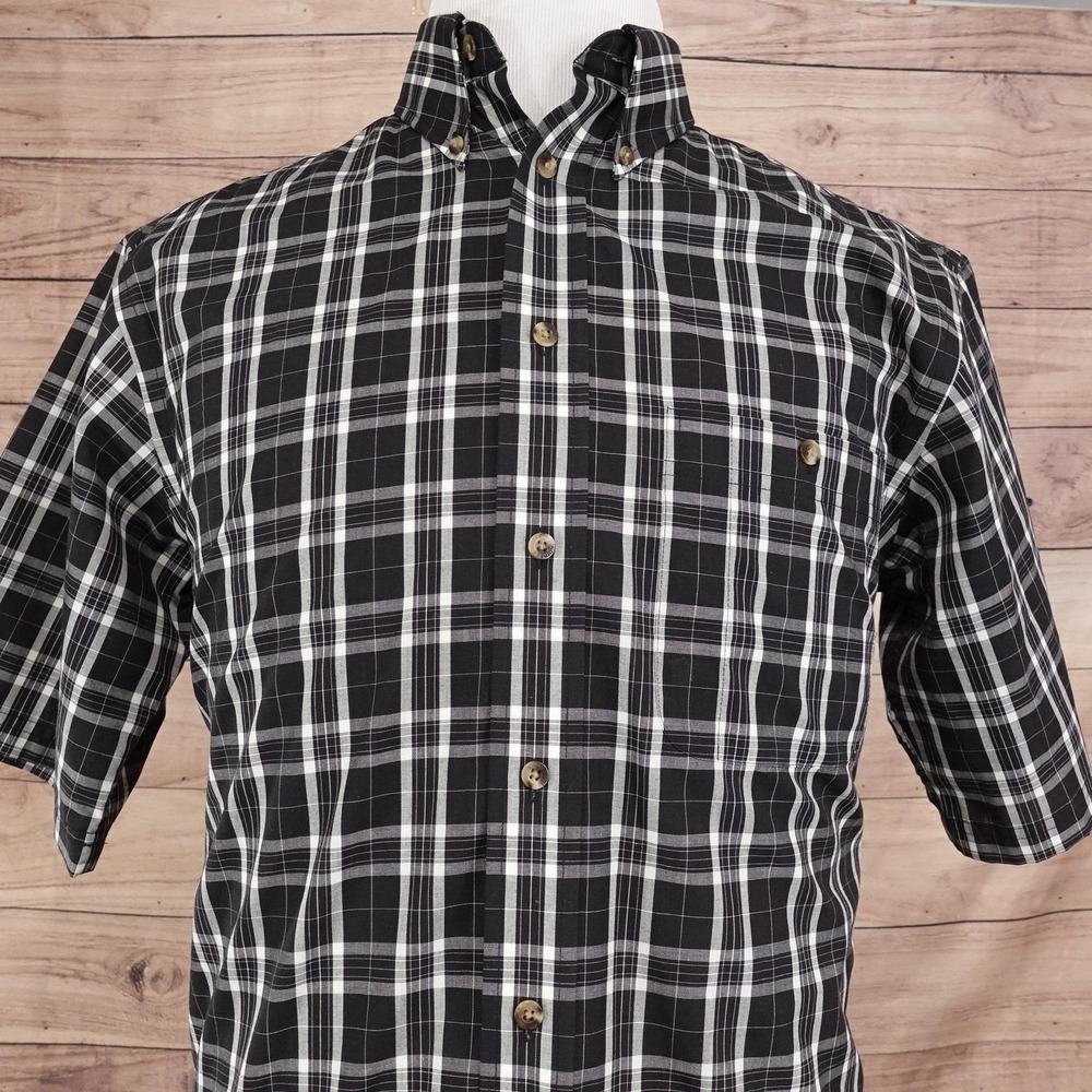 Roundtree & Yorke Shirt Mens Medium Black White Plaid Button Down Wrinkle Free